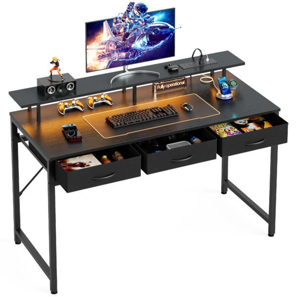 120cm gaming desk, computer desk with charging station and led light，home office desk with monitor stand and 3 fabric drawers storage, rustic brown