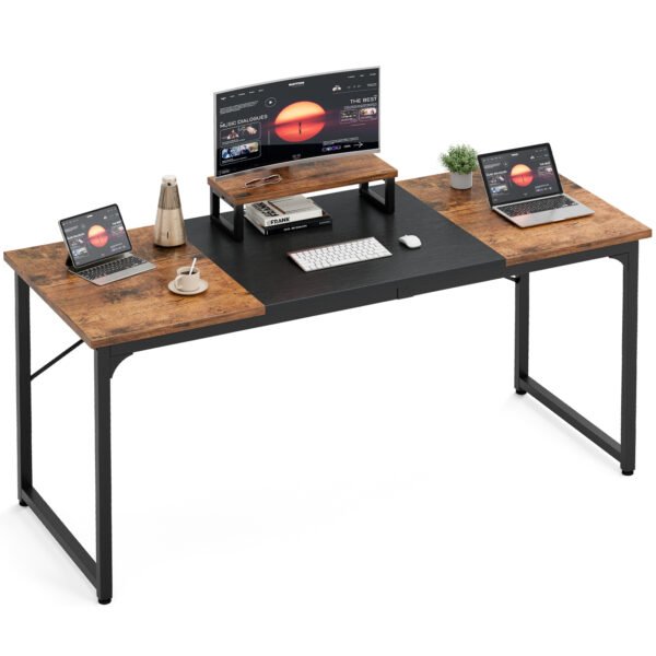large computer desk with monitor stand, home office desk gaming table with splice board, modern simple writing desk for work study home gaming office rustic brown and black 140cm