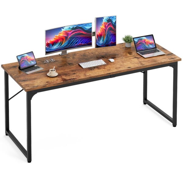 computer desk, 160cm large office desk, work & gaming table with storage, writing work table for home office, large legroom, metal frame, rustic brown