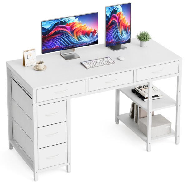 computer desk with 6 drawers, 120cm gaming desk with reversible storage shelves, gaming table for home office, modern writing table pc desks white