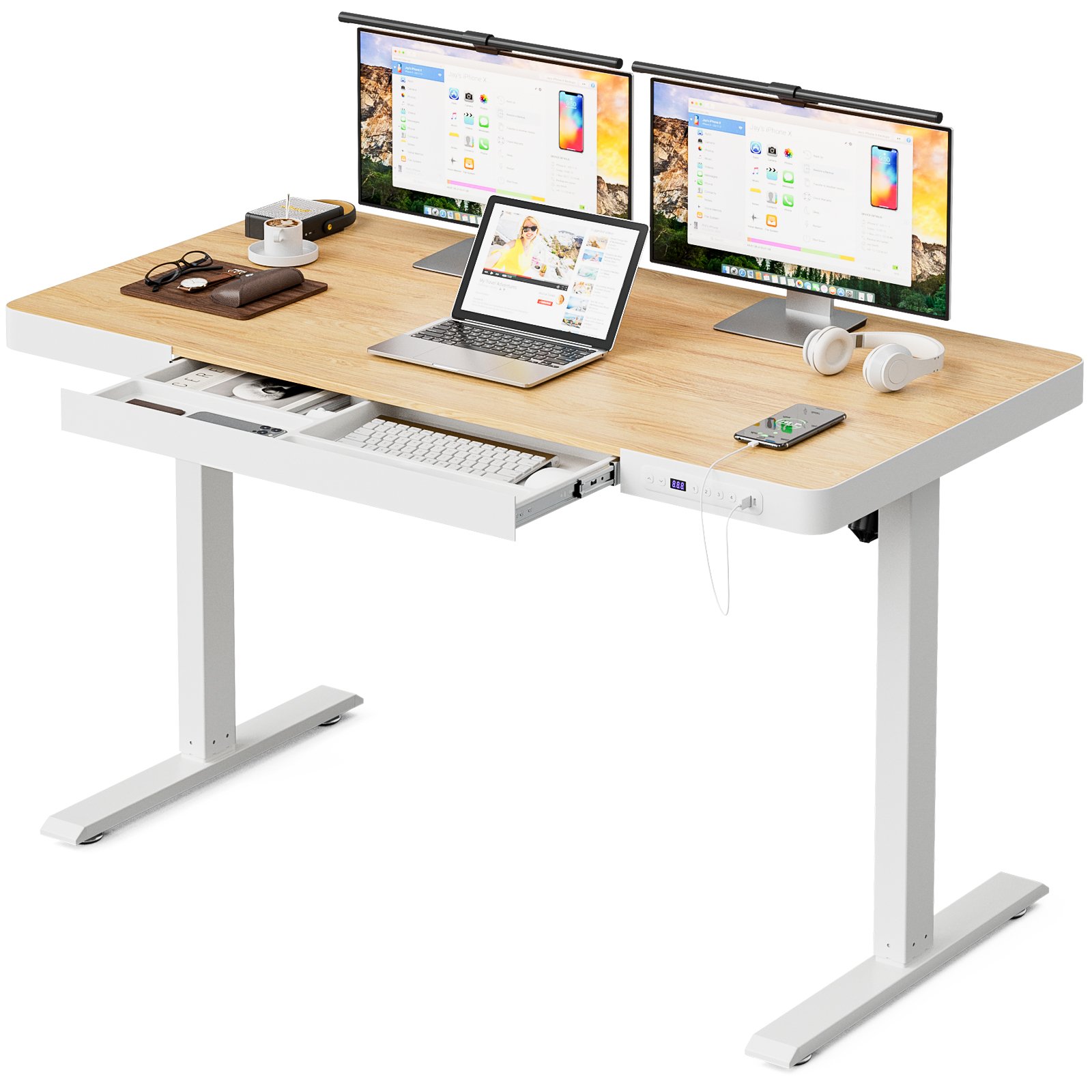 bilysen electric standing desk with drawers & usb ports, height adjustable sit stand desk with power outlets, one piece wooden tabletop bilysen electric standing desk with drawers & usb ports, height adjustable sit stand desk with power outlets, one piece wooden tabletop
