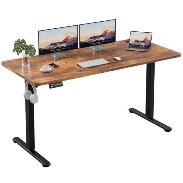 electric standing desk 140x60cm (55.1"x23.6"), height adjustable sit stand desk with hooks, metal frame stand up desk with powerful motor, ergonomic computer desk for home office (brown)