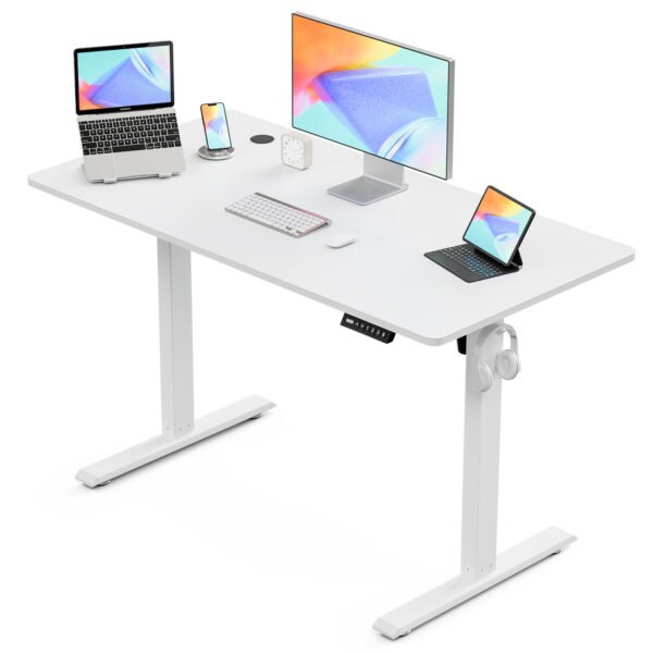 electric standing desk, height adjustable sit stand desk with hooks for home office, metal frame stand up desk with powerful motor, ergonomic computer desk for home office 100×55cm(white)