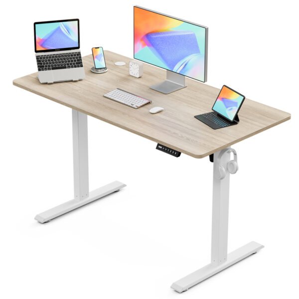 electric standing desk, height adjustable sit stand desk with hooks for home office, metal frame stand up desk with powerful motor, ergonomic computer desk for home office 100×55cm(maple top)