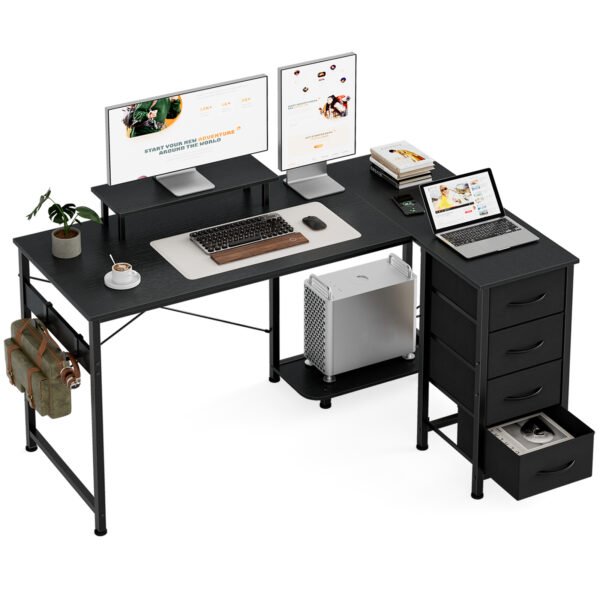 l shaped computer desk with 4 fabric drawers, 120 * 80 * 86cm, corner desk with headphone hook&monitor stand, professional pc plate, modern simple working table for gaming writing black