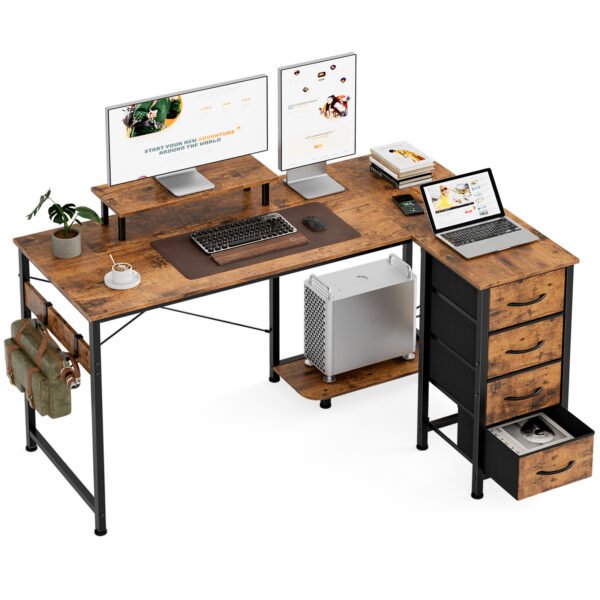 l shaped computer desk with 4 fabric drawers, 120 * 80 * 86cm, corner desk with headphone hook&monitor stand, professional pc plate, modern simple working table for gaming writing brown