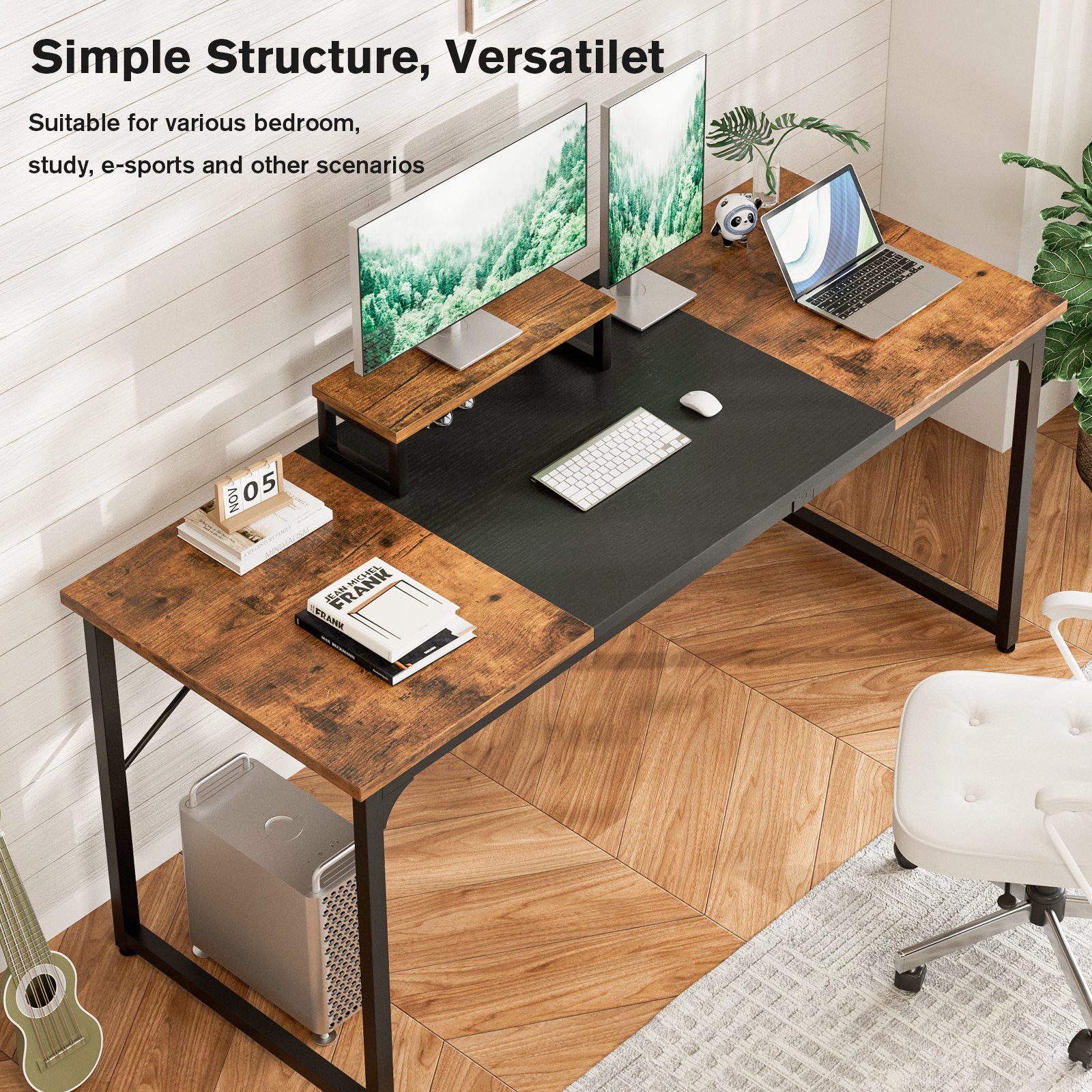 large computer desk with monitor stand, home office desk gaming table with splice board, modern simple writing desk for work study home gaming office rustic brown and black 140cm large computer desk with monitor stand, home office desk gaming table with splice board, modern simple writing desk for work study home gaming office rustic brown and black 140cm