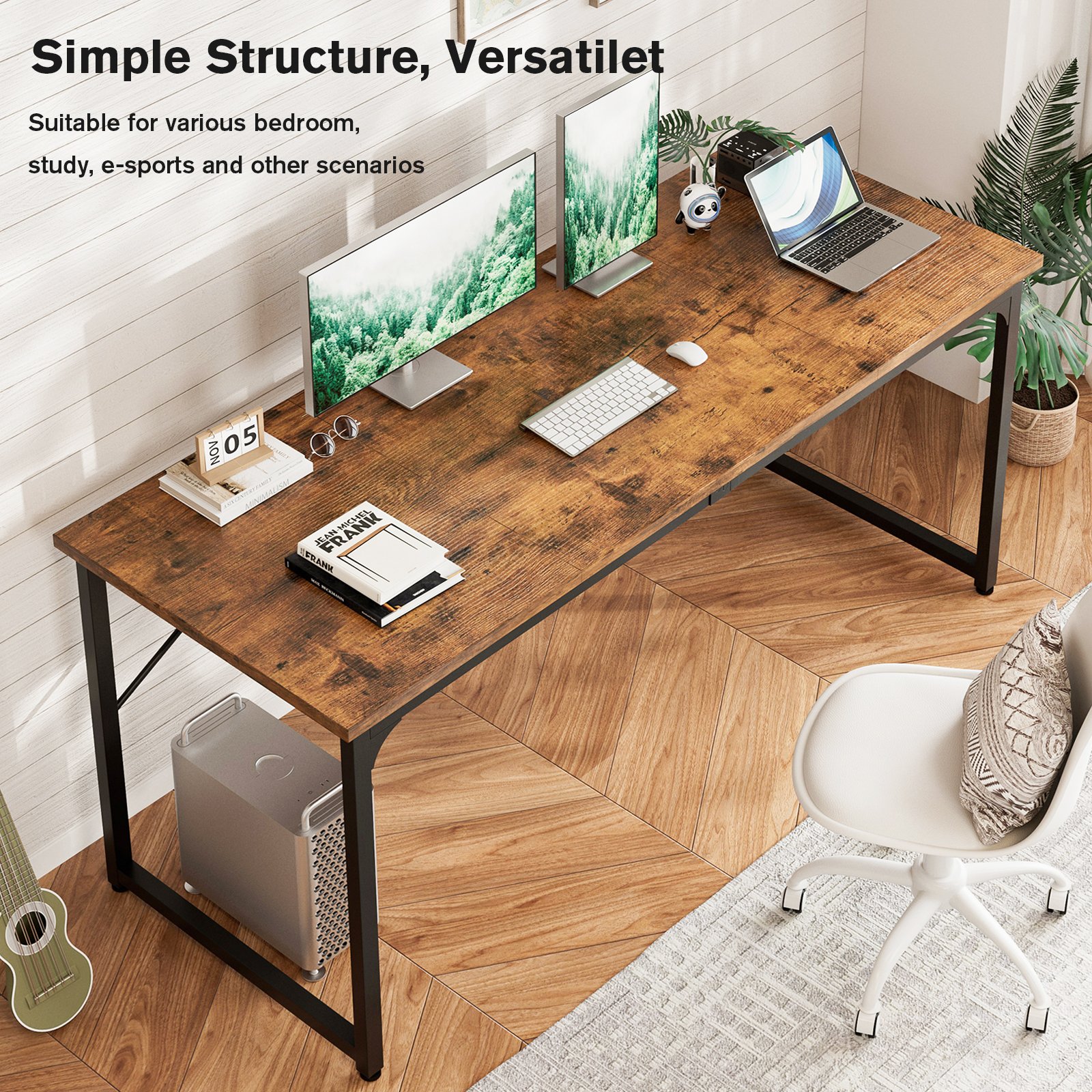 computer desk, 160cm large office desk, work & gaming table with storage, writing work table for home office, large legroom, metal frame, rustic brown computer desk, 160cm large office desk, work & gaming table with storage, writing work table for home office, large legroom, metal frame, rustic brown