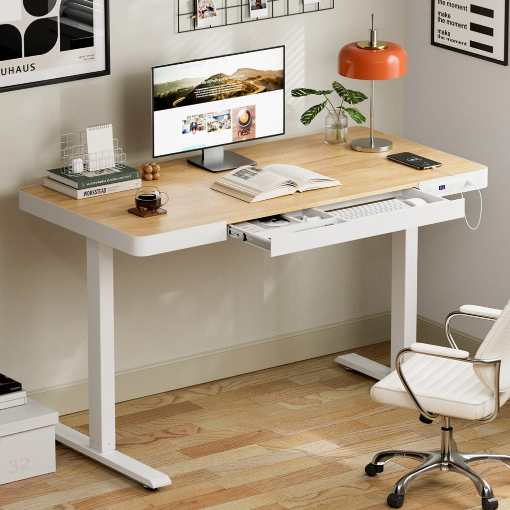 bilysen electric standing desk with drawers & usb ports, height adjustable sit stand desk with power outlets, one piece wooden tabletop