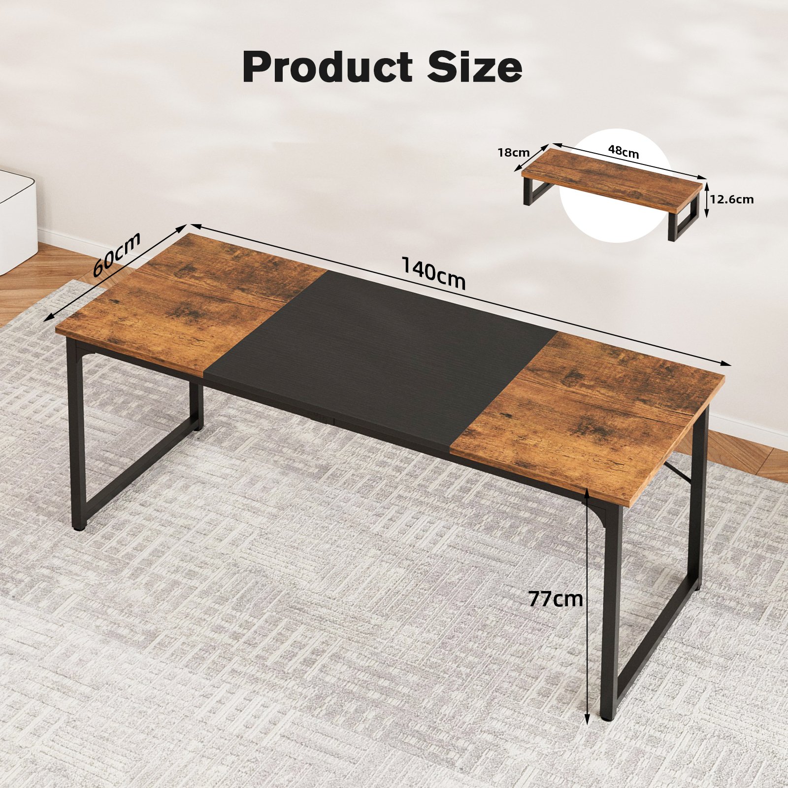 large computer desk with monitor stand, home office desk gaming table with splice board, modern simple writing desk for work study home gaming office rustic brown and black 140cm large computer desk with monitor stand, home office desk gaming table with splice board, modern simple writing desk for work study home gaming office rustic brown and black 140cm