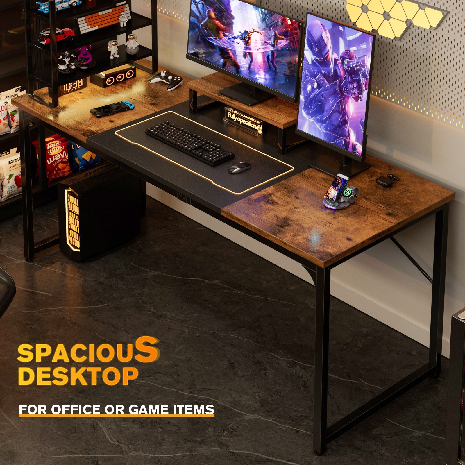 large computer desk with monitor stand, home office desk gaming table with splice board, modern simple writing desk for work study home gaming office rustic brown and black 140cm large computer desk with monitor stand, home office desk gaming table with splice board, modern simple writing desk for work study home gaming office rustic brown and black 140cm