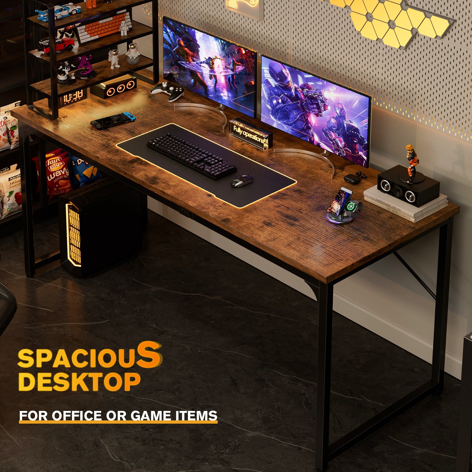 computer desk, 160cm large office desk, work & gaming table with storage, writing work table for home office, large legroom, metal frame, rustic brown computer desk, 160cm large office desk, work & gaming table with storage, writing work table for home office, large legroom, metal frame, rustic brown