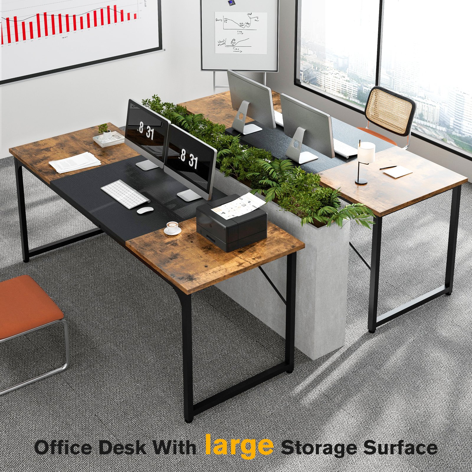 large computer desk with monitor stand, home office desk gaming table with splice board, modern simple writing desk for work study home gaming office rustic brown and black 140cm large computer desk with monitor stand, home office desk gaming table with splice board, modern simple writing desk for work study home gaming office rustic brown and black 140cm