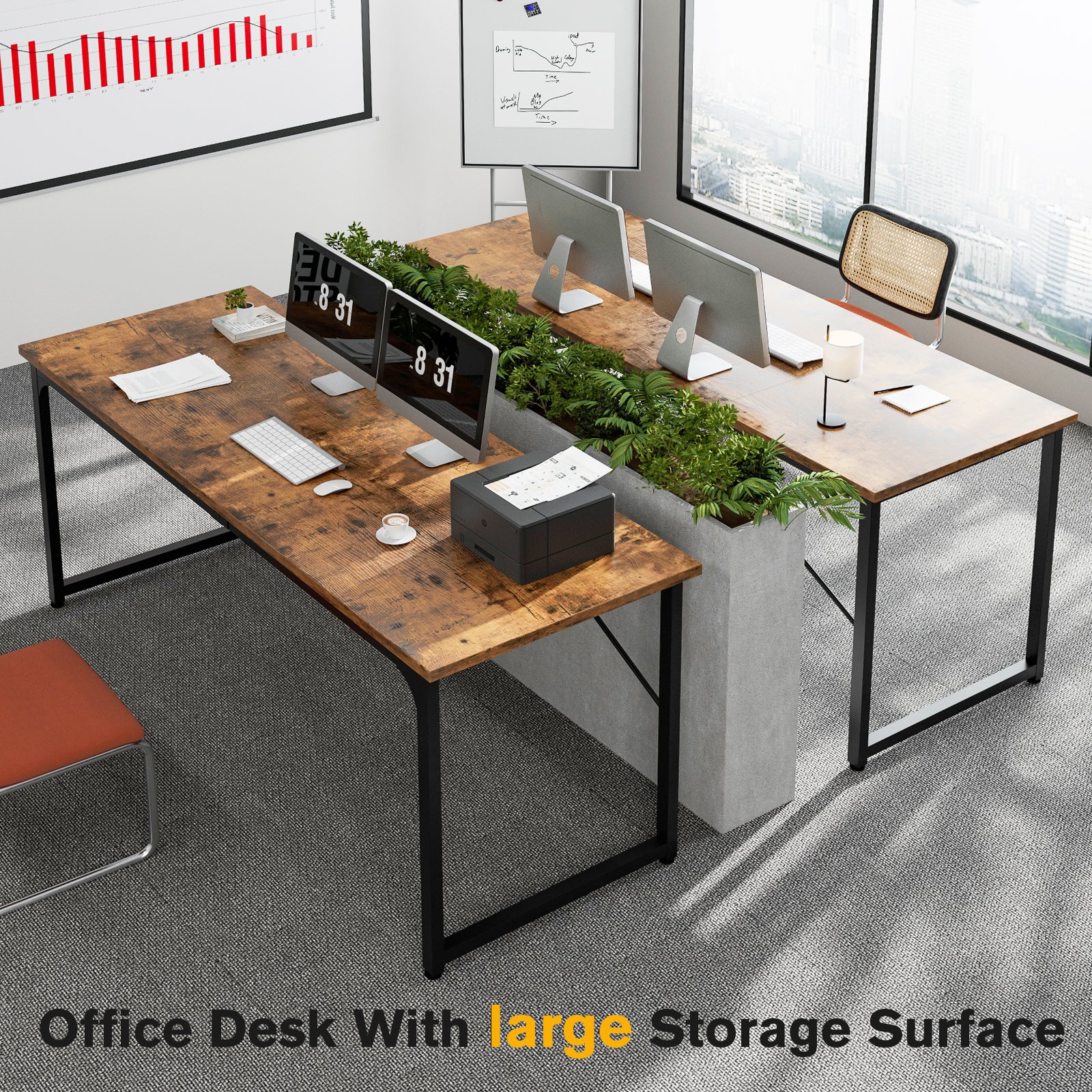 computer desk, 160cm large office desk, work & gaming table with storage, writing work table for home office, large legroom, metal frame, rustic brown computer desk, 160cm large office desk, work & gaming table with storage, writing work table for home office, large legroom, metal frame, rustic brown