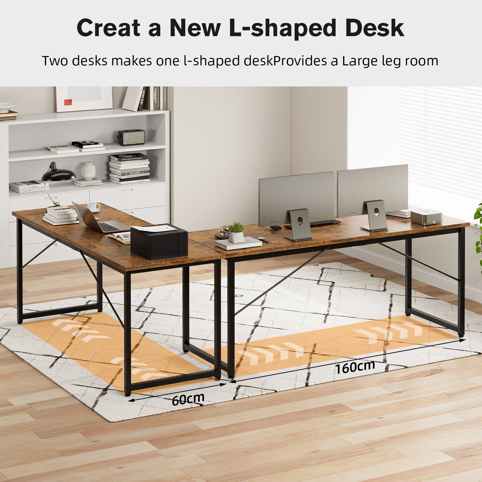 computer desk, 160cm large office desk, work & gaming table with storage, writing work table for home office, large legroom, metal frame, rustic brown computer desk, 160cm large office desk, work & gaming table with storage, writing work table for home office, large legroom, metal frame, rustic brown