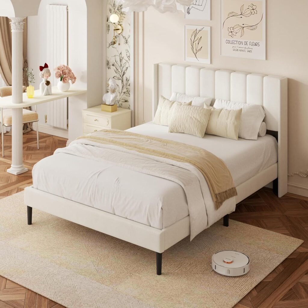bed frame velvet fabric platform bed with crafted headboard, weight bearing metal plate, soft wing pack design, noise free, no box spring needed, easy maintenance