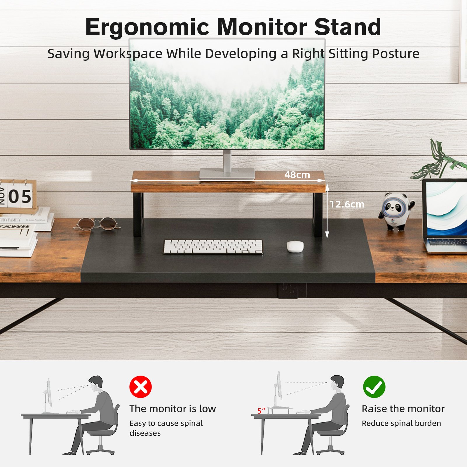 large computer desk with monitor stand, home office desk gaming table with splice board, modern simple writing desk for work study home gaming office rustic brown and black 140cm large computer desk with monitor stand, home office desk gaming table with splice board, modern simple writing desk for work study home gaming office rustic brown and black 140cm