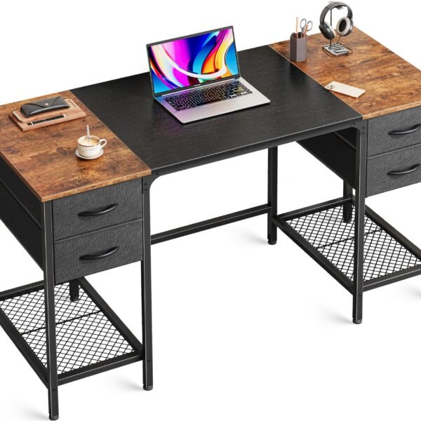 computer desk, office desk with drawers&mesh shelf, gaming desks with ample storag file drawer organization, ideal home office table for home study or work 120cm rustic brown and black