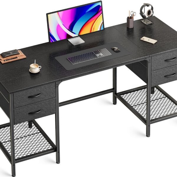 computer desk, office desk with drawers&mesh shelf, gaming desks with ample storag file drawer organization, ideal home office table for home study or work 140cm black