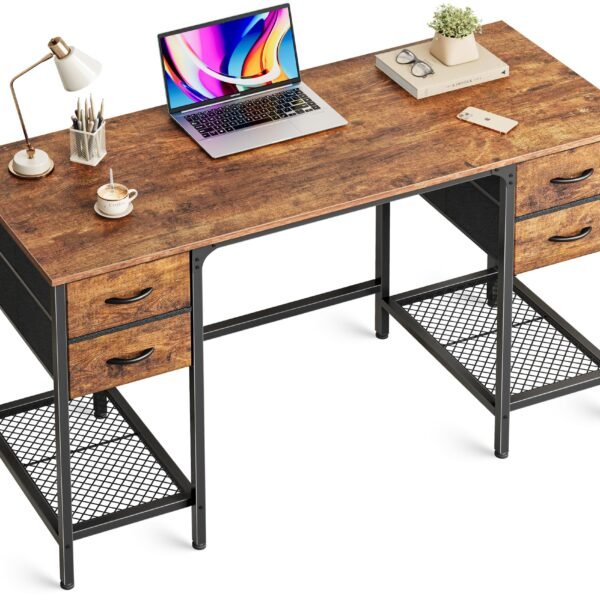 miazya computer desk, office desk with drawers&mesh shelf, gaming desks with ample storag file drawer organization, ideal home office table for home study or work 120cm rustic brown