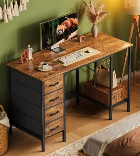 miazya computer desk, office desk with drawers&mesh shelf, gaming desks with ample storag file drawer organization, ideal home office table for home study or work 120cm rustic brown