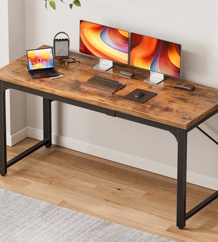 computer desk, 140cm large office desk, deeper & thicker desktop, robust metal tubes, computer desk, heavy duty office desk, work gaming desk for home office, rustic brown